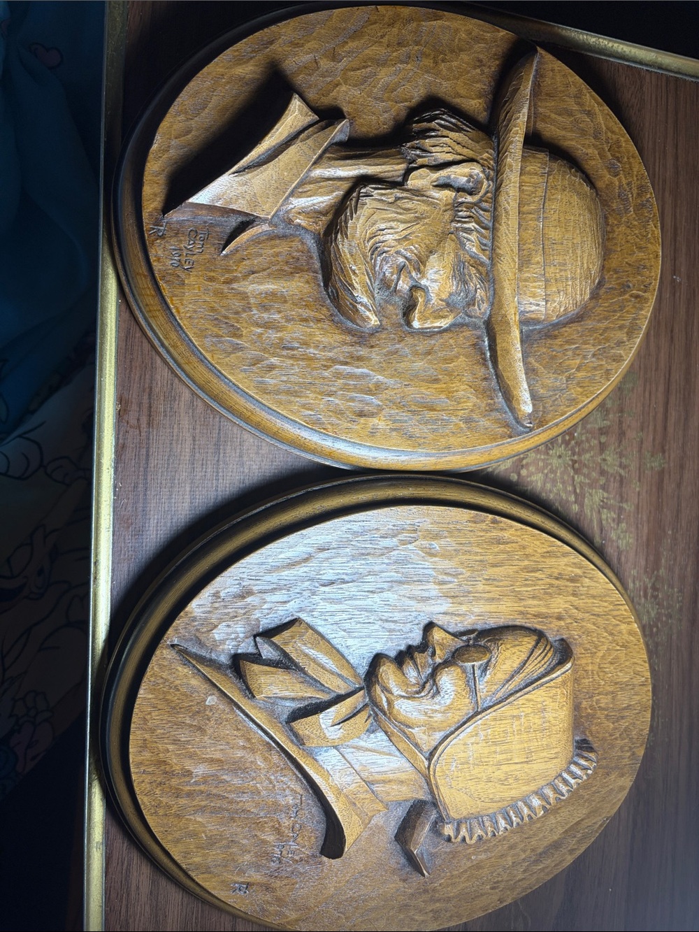 Pair Vintage 1970 Tom Cayley Karl Rothammer Wood Carving Plaques